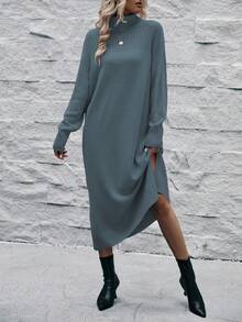 SHEIN LUNE Women's High Neck Side Slit Sweater Dress - Blue - View 3