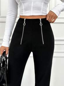 EURMUSE Ladies' Bell-bottom Trousers With Zipper Detail - Black - View 4