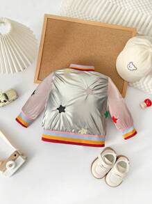 2023年秋冬女嬰棒球外套 簡約色塊設計 溫暖舒適 - 銀色 - 查看 2