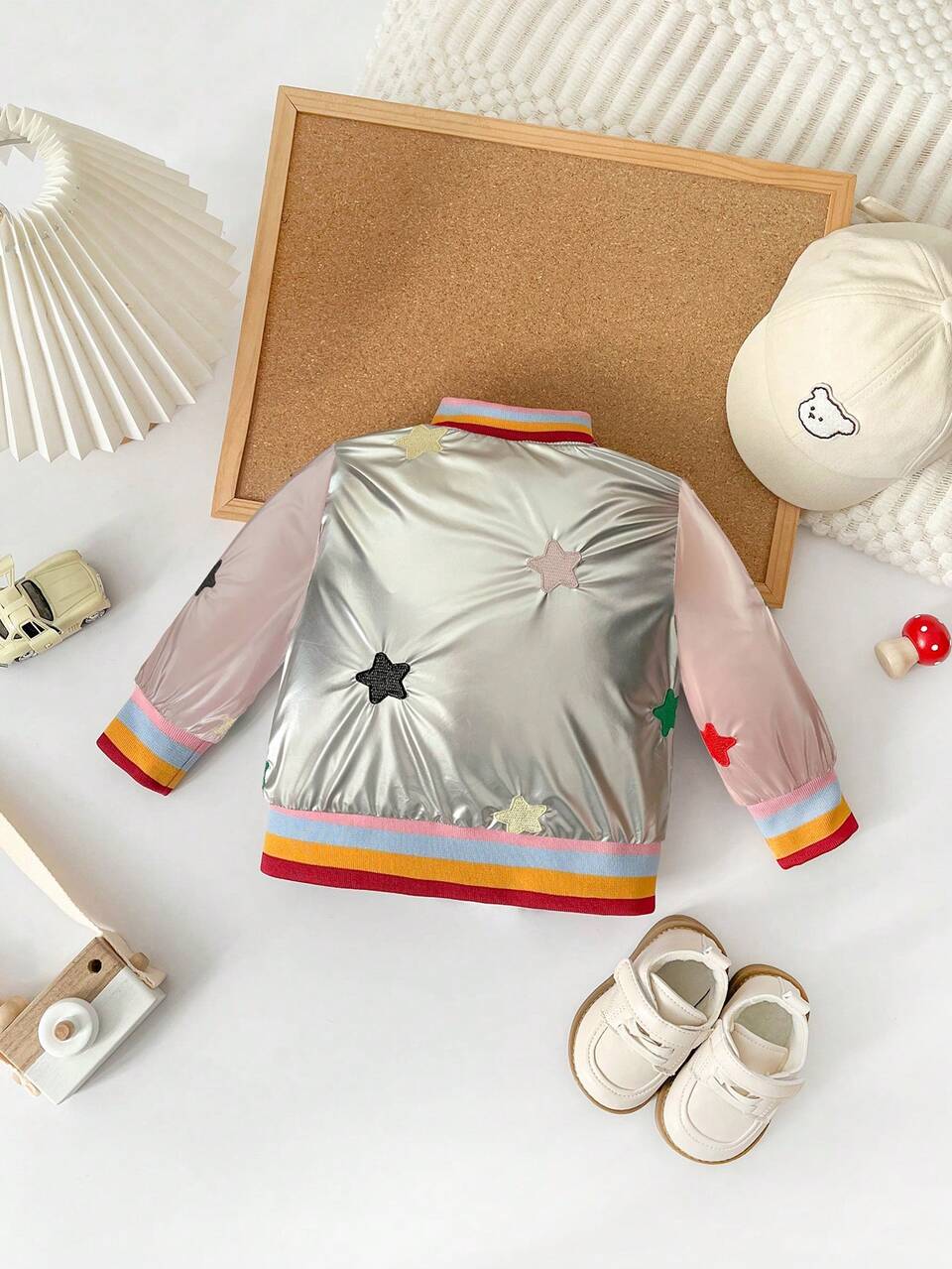 2023 Fall/winter Baby Girls' Baseball Jacket In Simple Color Block Design, Warm And Cozy