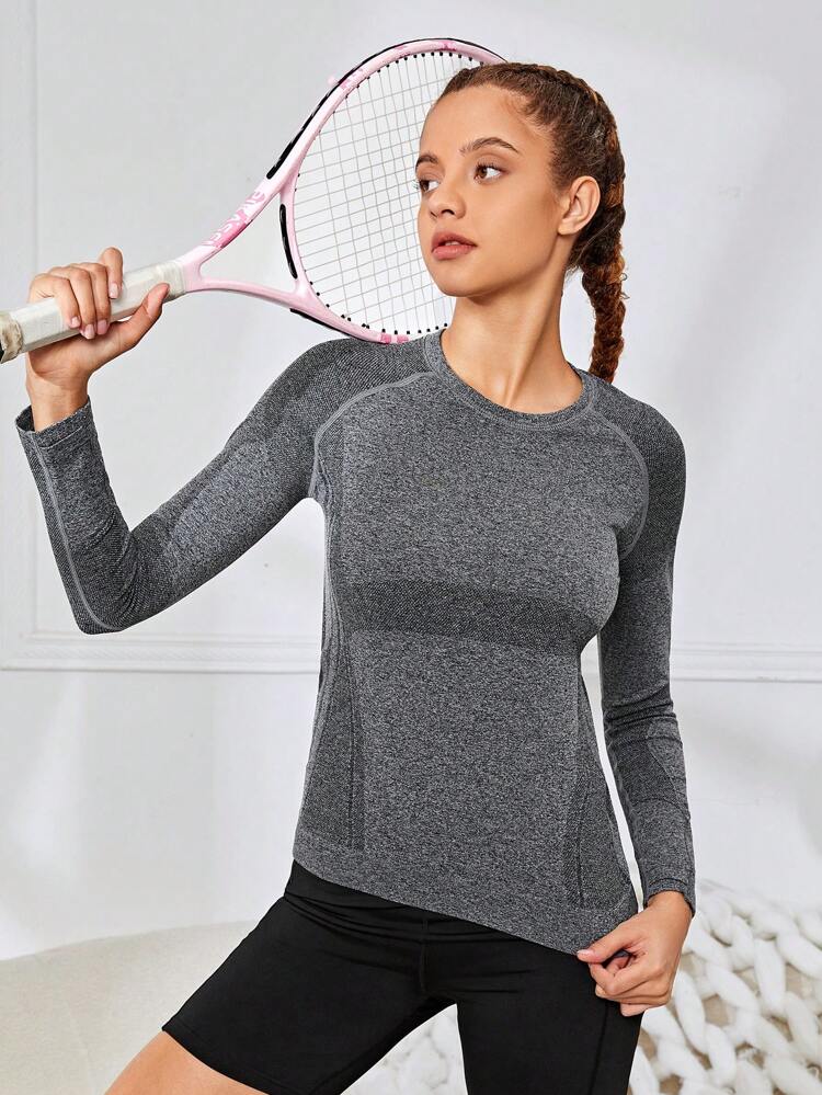 Teen Girls' Color Block Seamless Round Neck Long Sleeve Sports Shirt