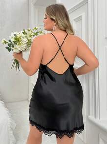 女士加大码蕾丝拼接侧开衩吊带睡衣睡裙 - 黑色 - 查看 2