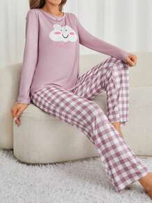 Ladies' Pajama Set With Smiling Cloud & Plaid Pattern - Dusty Purple - View 5