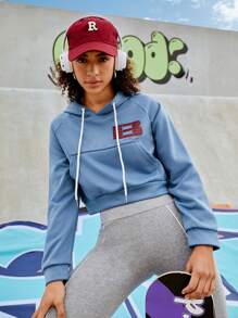 Streetz SHEIN Sport 女士帶袋連帽圓領運動衫,剪裁袖口,束腰拉線和字母印花設計 - 藍色 - 查看 6