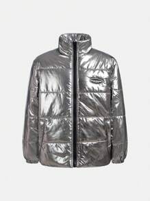 SHEIN Tween Boy Loose Sports Thickened Stand Collar Drop Shoulder Padded Coat - Black - View 2