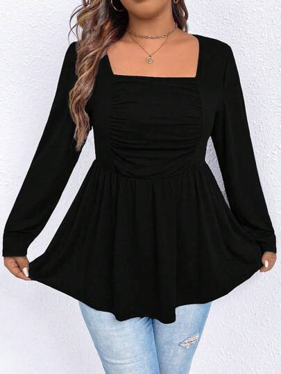 Calvaya Plus Size Square Neck Solid Color Long Sleeve Top With Waist Binding Fall Cloth For Women