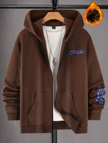 Manfinity EMRG Loose Fit Men's Skull Head & Letter Print Hooded Fleece Zip-Up Hoodie - Coffee Brown - View 3
