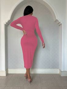 SHEIN SXY 女式修身褶高開衩洋裝 - 玫紅色 - 查看 2