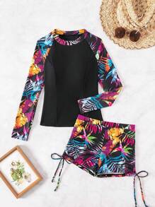 Swim SPRTY Summer Beach Tropical Printed Long Sleeve Tankini Swimsuit Set - Multicolor - View 8