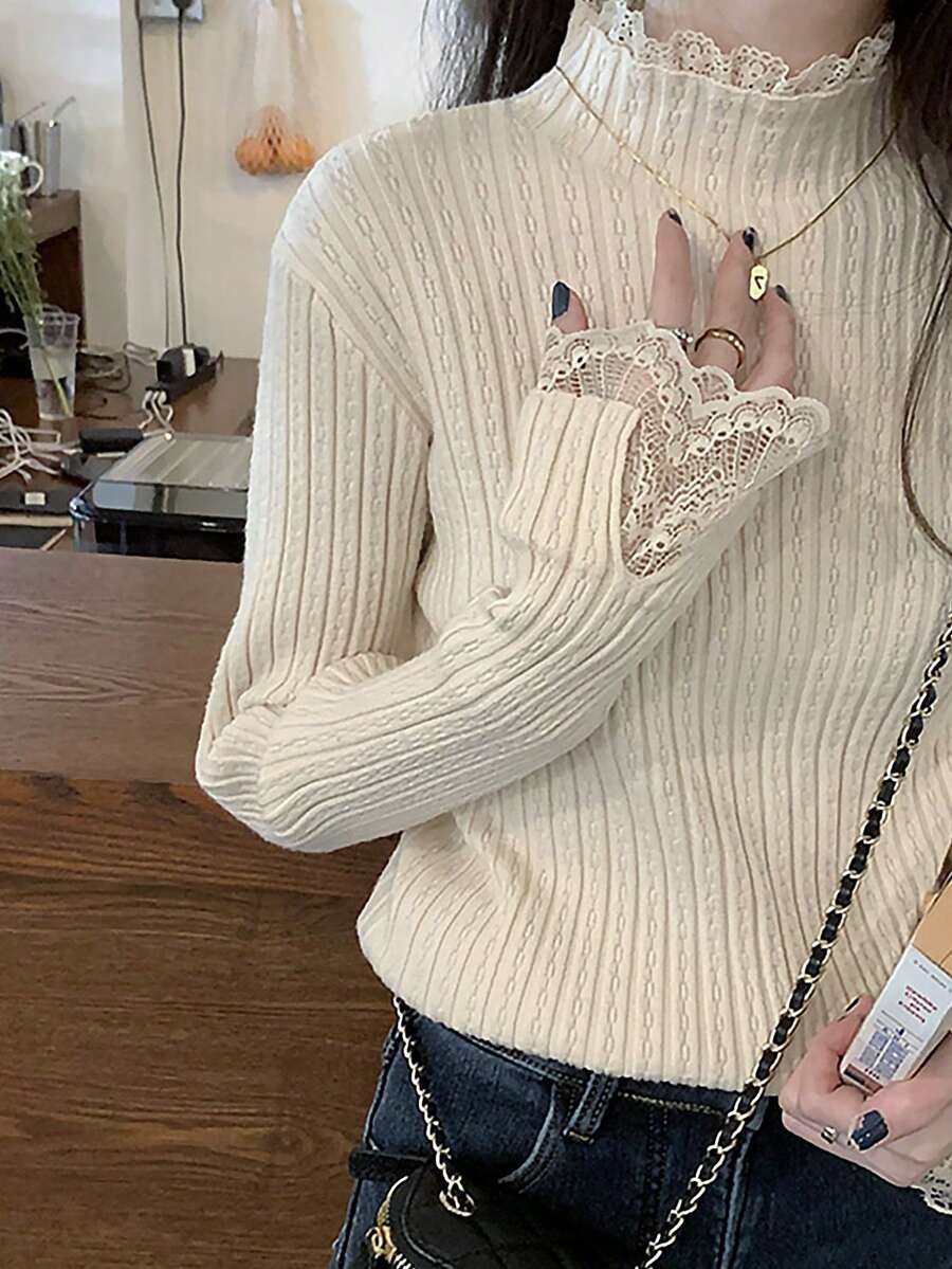 Của phụ nữ Hoa Vá lại Một nửa Áo cao cổ Áo len - Màu be - Xem 1