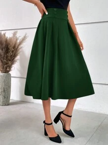 SHEIN Clasi Women's High Waisted Button Detail Solid Color Skirt - Dark Green - View 3