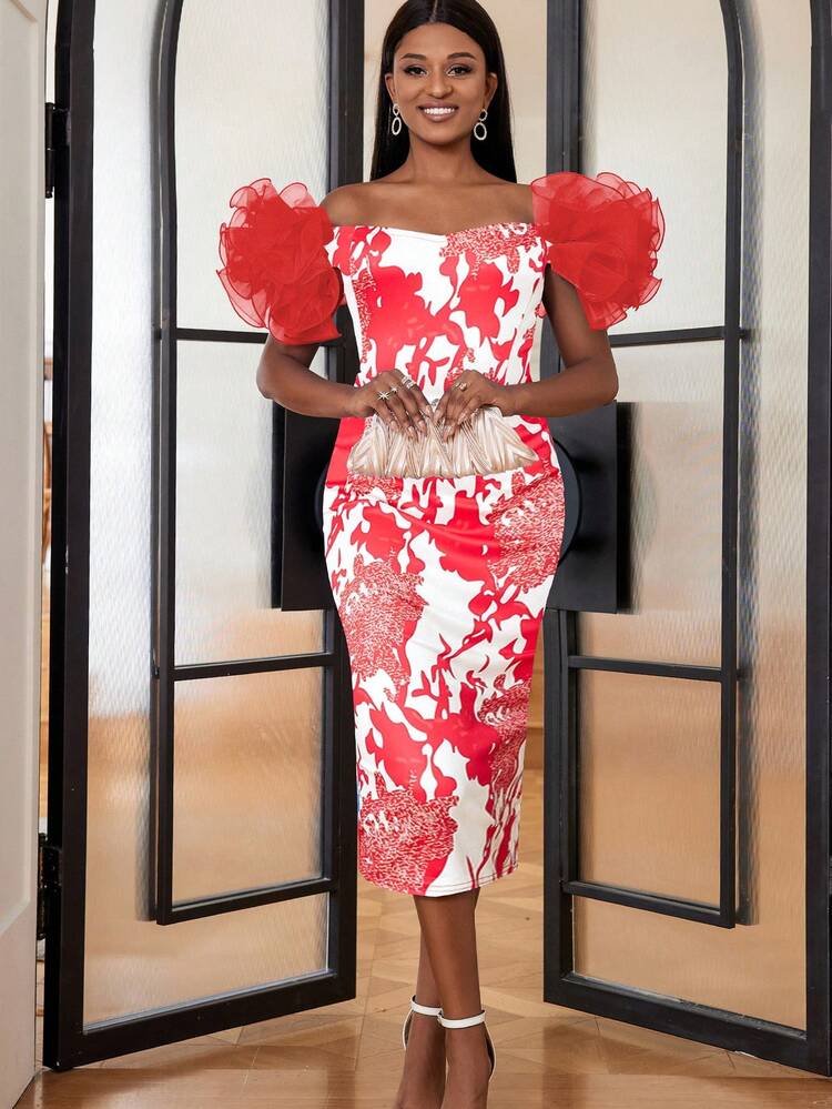 Vestido De Fiesta Impreso Con Decoración En Malla 3d - Rojo - Ver 1