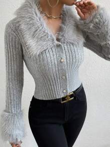 Allurite Của phụ nữ Lông Vòng cổ Tay áo dài Áo len Mở - Màu Xám nhạt - Xem 5