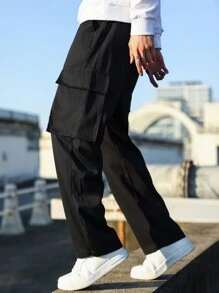 Manfinity Hypemode Men'S Solid Color Drawstring Waist Multi-Pocket Cargo Pants