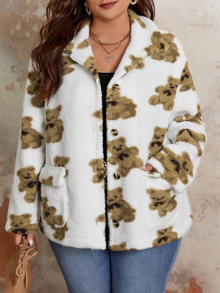 SHEIN Franclia 大尺碼卡通印花泰迪絨外套 - 白色 - 查看 1