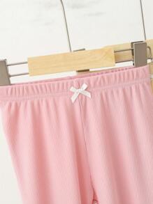 Leggings informales de unicolor para niñas jóvenes con banda elástica en la cintura y decoración de lazo - Multicolor - Ver 3