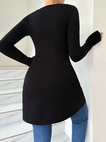 SHEIN LUNE Của phụ nữ Màu thuần Viền chia cắt Thon gọn Áo len - màu đen - Xem 2