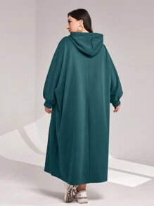 Mulvari 大尺碼女士純色袋鼠口袋連帽運動裙,帶束繩 - 水鴨藍 - 查看 2
