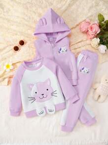 SHEIN 少女3d貓繡花拉鍊帽裝無袖外套和運動連帽衫和褲子套裝 - 紫色 - 查看 4