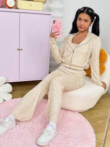SHEIN EZwear 3入組女士休閒可愛綁頸背心、外套、褲裝服裝 - 杏色 - 查看 5