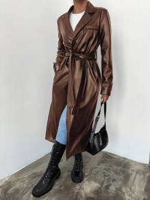 SHEIN Women's Belted Trench Coat With Lapel Collar - Chocolate Brown - View 6