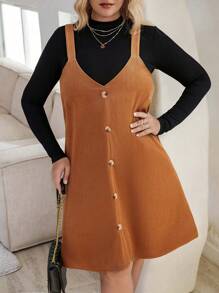 Calvaya Plus Size Button Detail Suspender Dress - Coffee Brown - View 1