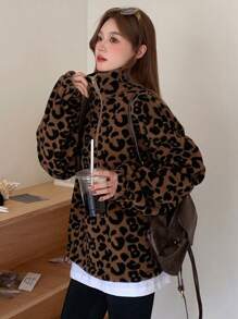 DAZY 女式豹纹半拉链运动衫，带前口袋，长袖上衣，秋季女装 - 棕色 - 查看 3