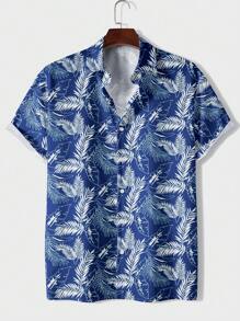 Men's Tropical Printed Short Sleeve Shirt - Blue - View 1