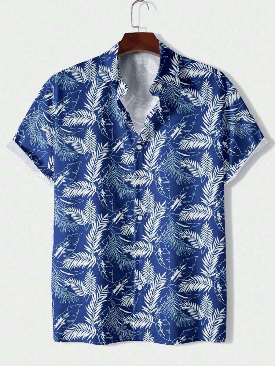 Men's Tropical Printed Short Sleeve Shirt - Blue - View 1
