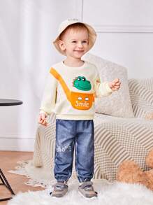 SHEIN 男婴卡通恐龙图案圆领落肩卫衣和牛仔效果松紧腰裤套装 - 彩色 - 查看 1