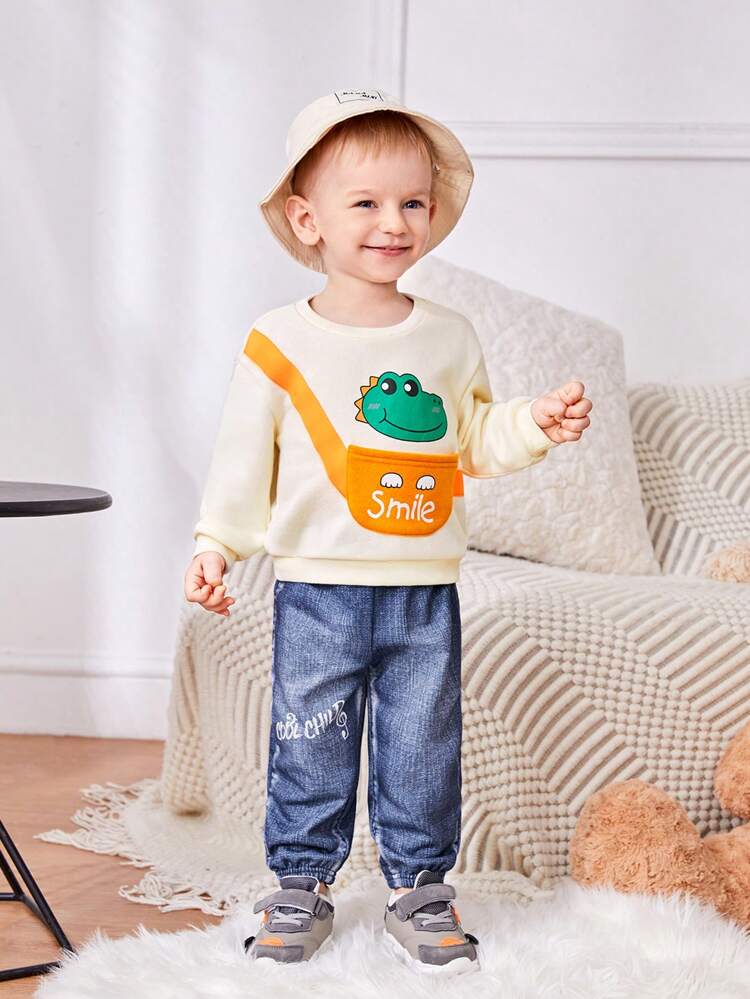Baby Boys' Cartoon Dinosaur Pattern Round Neck Drop Shoulder Sweatshirt And Denim Effect Elastic Waist Pants Set