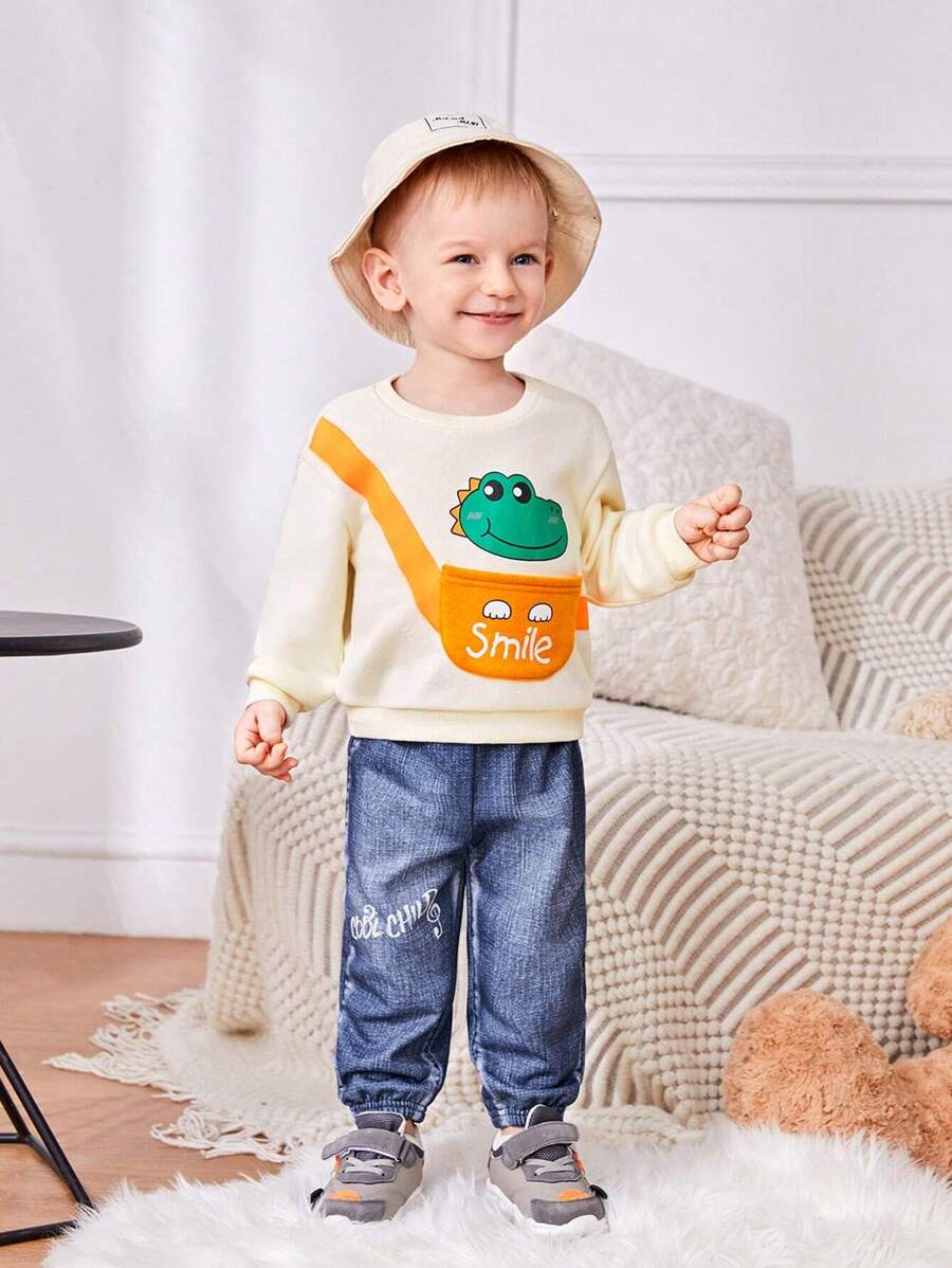 SHEIN 男婴卡通恐龙图案圆领落肩卫衣和牛仔效果松紧腰裤套装 - 彩色 - 查看 1