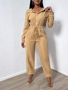 SHEIN Slayr Eo đàn hồi Dây kéo áo có mũ Áo liền quần - Màu Khaki - Xem 4