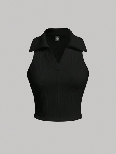 SHEIN MOD Tank Top Wanita Warna Polos Kerah Lipat Hitam untuk Musim Panas