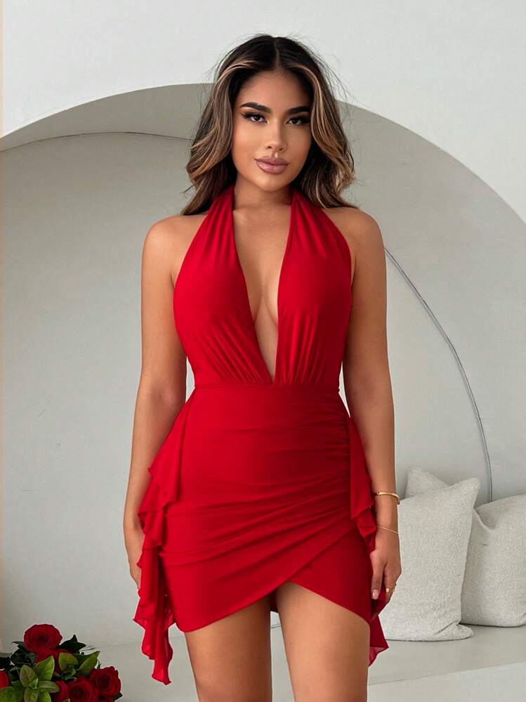 SHEIN SXY Backless Red Halter Neck Deep V-Neck Dress With Ruffle Trim And  Flowy Hem Flamenco Dress | SHEIN USA