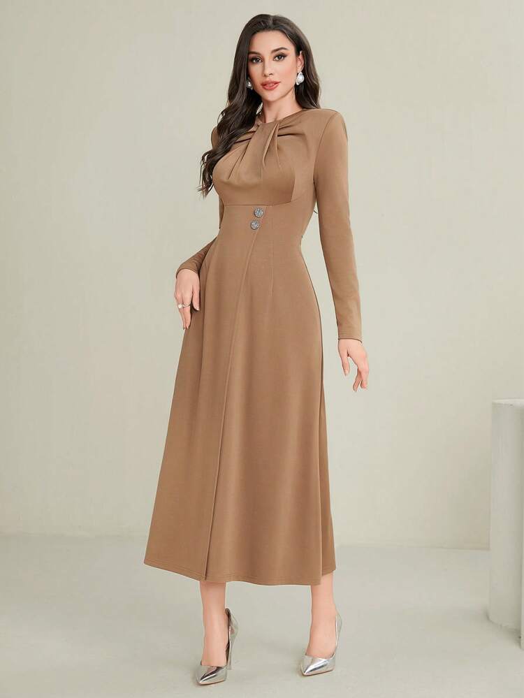 Pleated High Waist Long Sleeve Dress