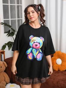 SHEIN EZwear Women'S Plus Size Cartoon Printed Drop Shoulder T-Shirt - Black - View 6