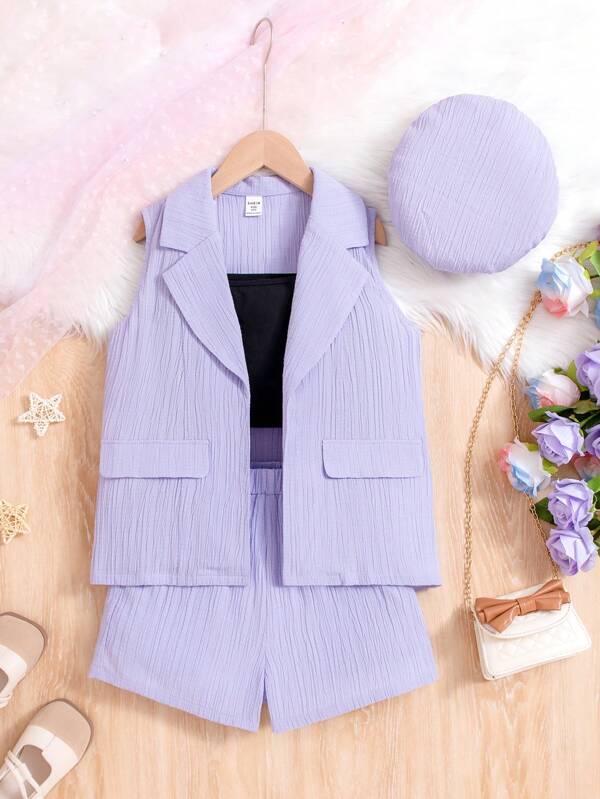 Tween Girls Casual 4-Piece Set Including Sleeveless Blazer, Solid Color Camisole, Elastic Waist Shorts, And Hat