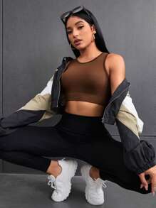 Easithlete Rib-Knit Short Sports Tank Top Gym Top Fitted Shirt - Brown - View 3