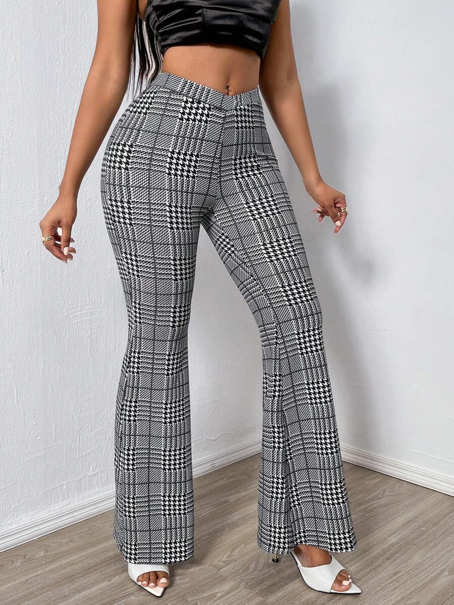 SHEIN SXY 女性格紋喇叭褲 - 黑色 - 查看 1