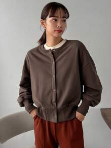 FRIFUL Women's Solid Color Drop Shoulder Button Front Sweatshirt - Coffee Brown - View 3