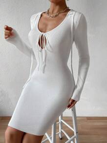 SHEIN Unity Solid Color Hollow Out Design Belted Bodycon Dress - White - View 3