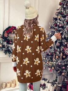 SHEIN LUNE Casual Women's Gingerbread Man Pattern Cardigan Sweater - Coffee Brown - View 2