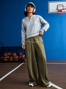 SHEIN Street Sport 女士實色帶帽下垂運動套頭衫,附有韁繩 - 灰色 - 查看 3