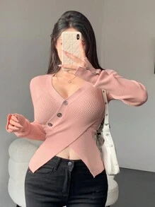 DAZY Của phụ nữ Thon gọn Áo len Với Thiết kế chéo - Hồng - Xem 3