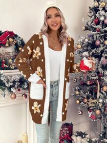 SHEIN LUNE Casual Women's Gingerbread Man Pattern Cardigan Sweater - Coffee Brown - View 6