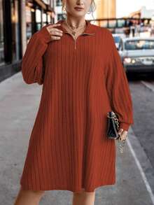 SHEIN CURVE+ Vestido De Mujer Con Hombros Caídos Y Solapa De Talla Grande - Óxido marrón - Ver 3