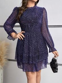 SHEIN Frenchy Women's Plus Size Lantern Sleeve Polka Dot Printed Dress - Blue - View 1