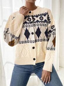 SHEIN LUNE 幾何圖案下垂肩開襟外套,配披肩領 - 彩色 - 查看 4