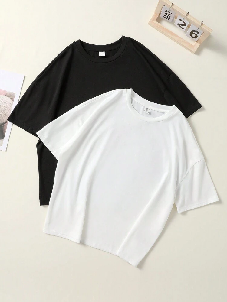 Boys And Girls Casual Letter Printed Round Neck Pullover Knitted Loose T-shirt In Two Colors, One In Each Color